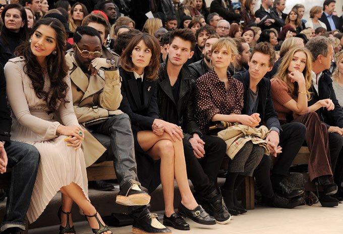Sonam Kapoor, Will.i.am, Alexa Chung, Jeremy Irvine, Clemence Posey, Eddie Redmayne, Rosie Huntington-Whiteley and Mario Testino at the Burberry Prorsum Autumn Winter 2012 Womenswear Show
