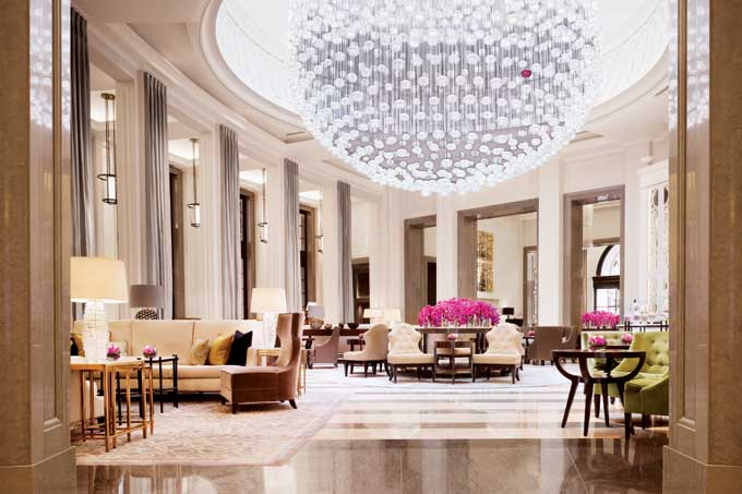 Corinthia Hotel lobby lounge with spectacular chandelier