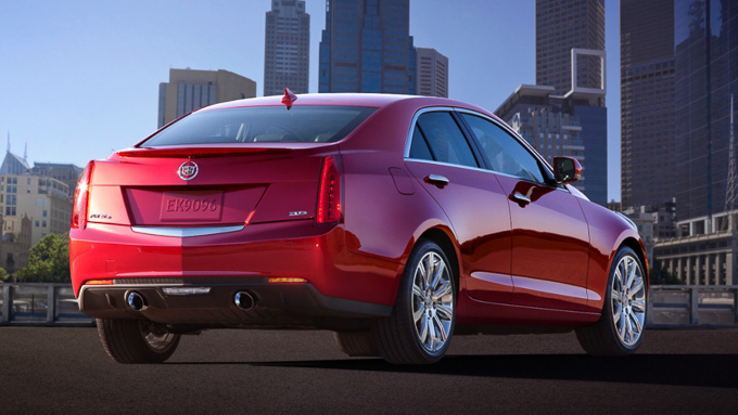 Rear end view of Cadillac ATS with New York in the background